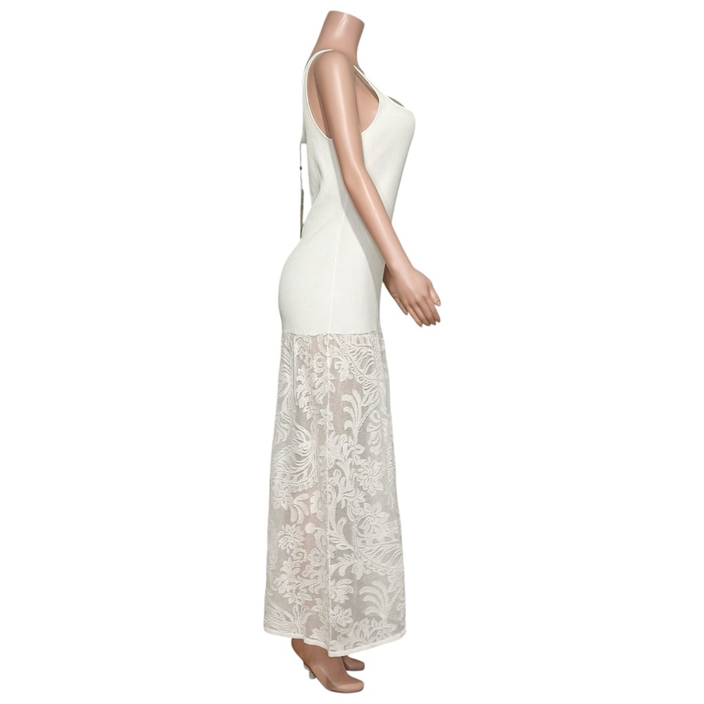 BEC & BRIDGE Rissa Ribbed Knit Dress W/ Mesh Lace Skirt, Ivory, Large - Picture 12 of 15
